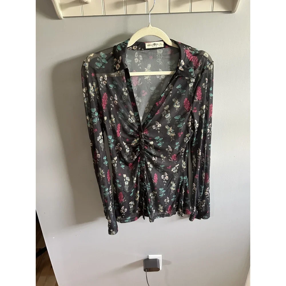 Natural Life Womens Large Sheer Mesh Dark Floral Ruched Button Down Blouse Top